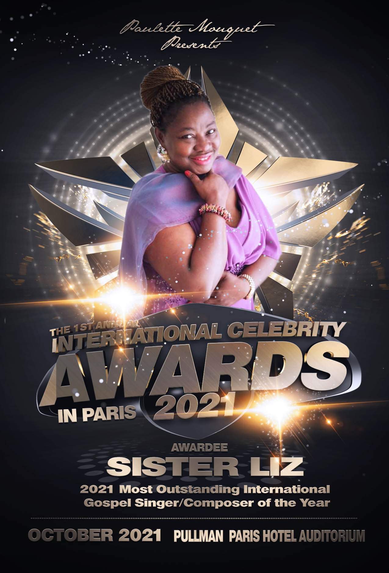 Multi-Talented Nigerian singer and gospel songwriter, Sister Liz (Guest Gospel Artiste) of the day, will be Performing Live  @ INTERNATIONAL CELEBRITY AWARDS IN PARIS.